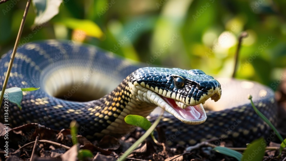Close-up of a Black and White Snake in Natural Habitat, Perfect for Wildlife Photography and Education Close-up of a Black and White Snake in Natural Habitat, Perfect for Wildlife Photography and Education