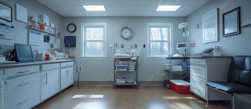 Empty medical examination room with cabinets, medical equipment, and two windows.