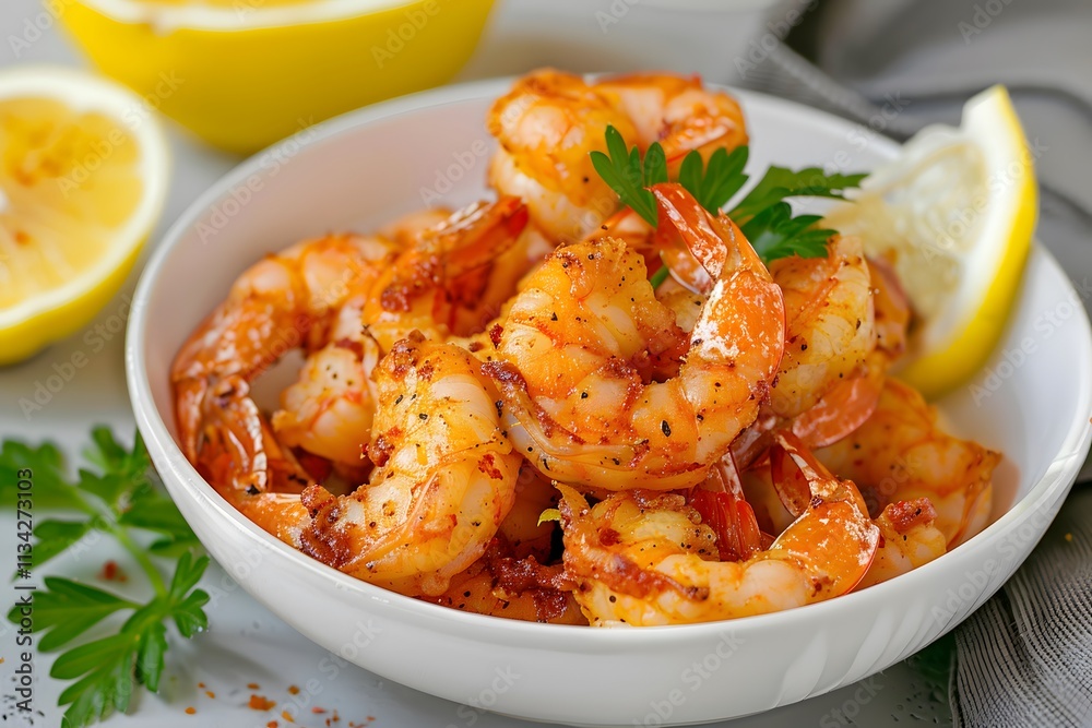 Fried shrimp with lemon wedges served on a plate, top view bright seafood food styling. Fried shrimp with lemon wedges served on a plate, top view bright seafood food styling.