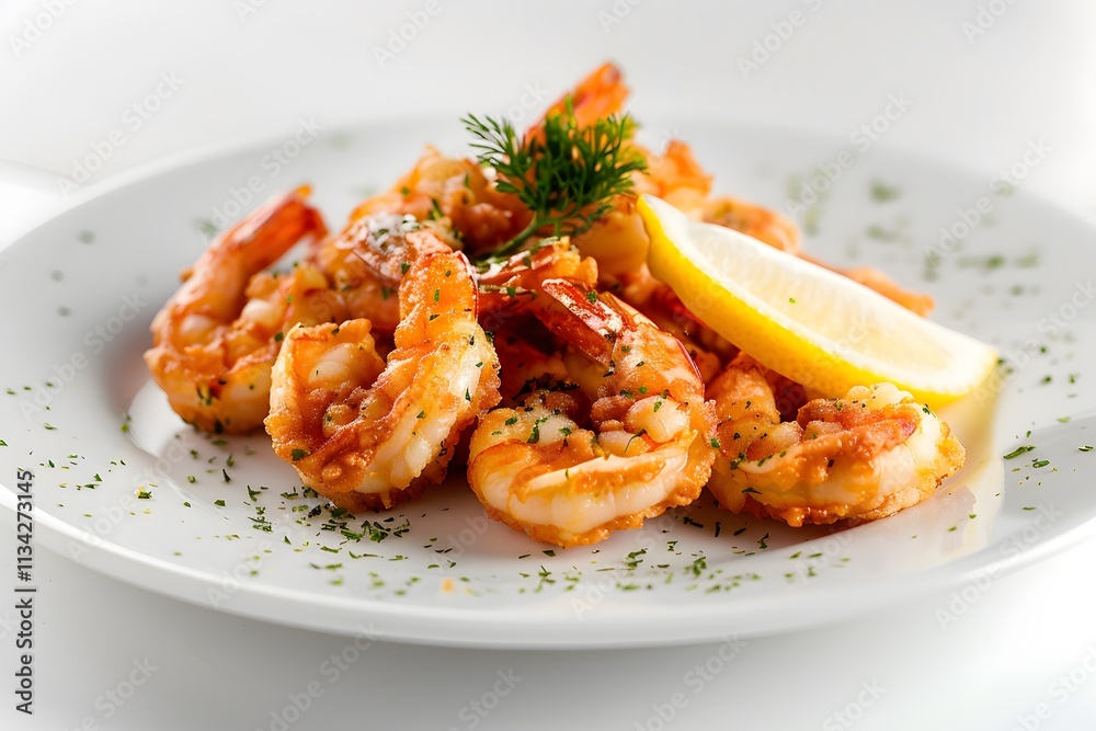 Fried shrimp garnished with lemon on a plate, bright and vibrant seafood food closeup shot.
Fried shrimp garnished with lemon on a plate, bright and vibrant seafood food closeup shot.