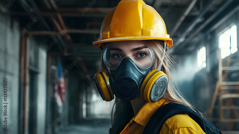 A woman adorned in a vibrant yellow helmet and protective gas mask stands confidently in a hazardous work environment. Her sturdy attire hints at the dangerous nature of her surroundings A woman adorned in a vibrant yellow helmet and protective gas mask stands confidently in a hazardous work environment. Her sturdy attire hints at the dangerous nature of her surroundings