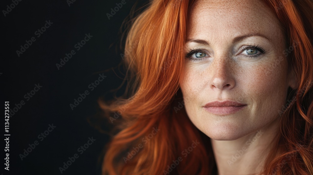 Confident and wise, studio portrait of a stunning mature woman with long red hair, freckles, and blue eyes Confident and wise, studio portrait of a stunning mature woman with long red hair, freckles, and blue eyes
