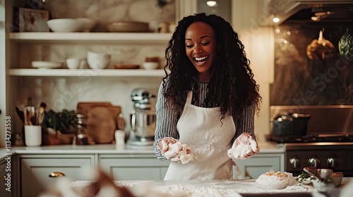 Happy woman baking in a bright kitchen, flour on hands.