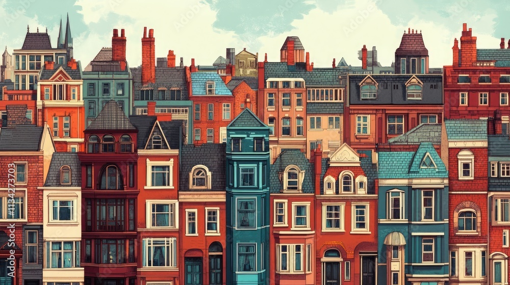 Fototapeta premium Urban Grandeur: Detailed Illustration of London's Victorian Houses,