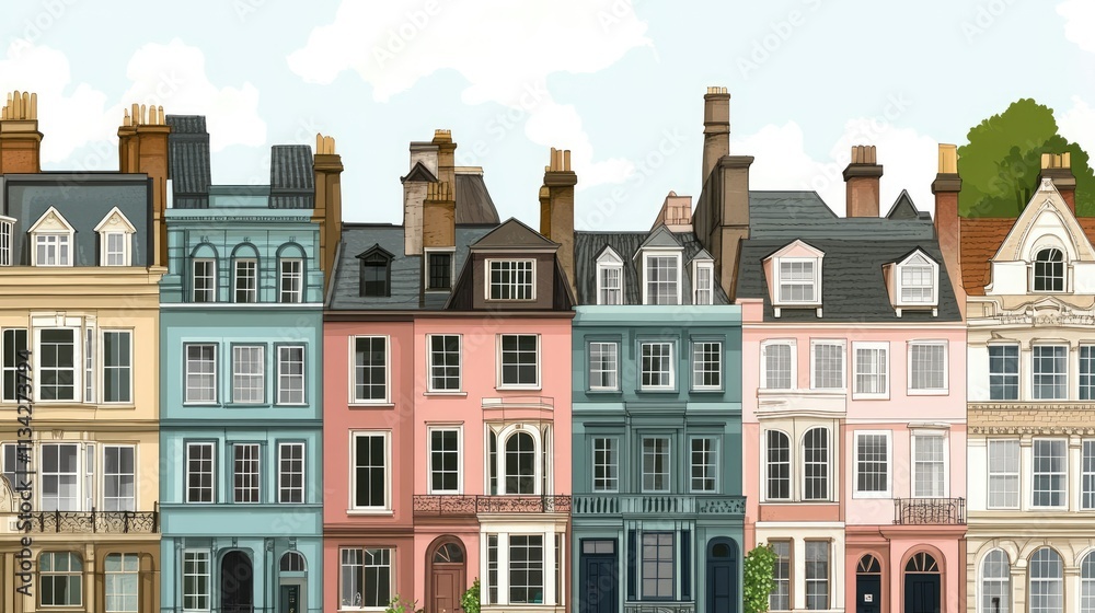 Fototapeta premium Urban Grandeur: Detailed Illustration of London's Victorian Houses,