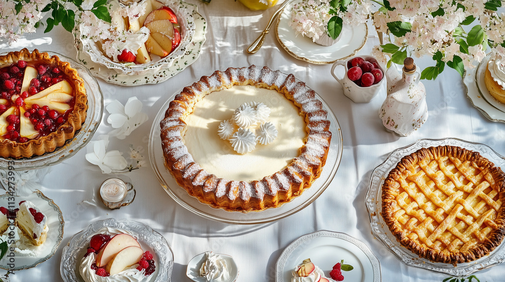 Cheesecake, apple pie and yeast cake in one photo, on a white tablecloth. Cheesecake, apple pie and yeast cake in one photo, on a white tablecloth.