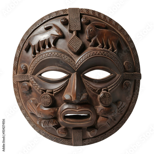 Traditional tribal mask carved in wood with detailed patterns.