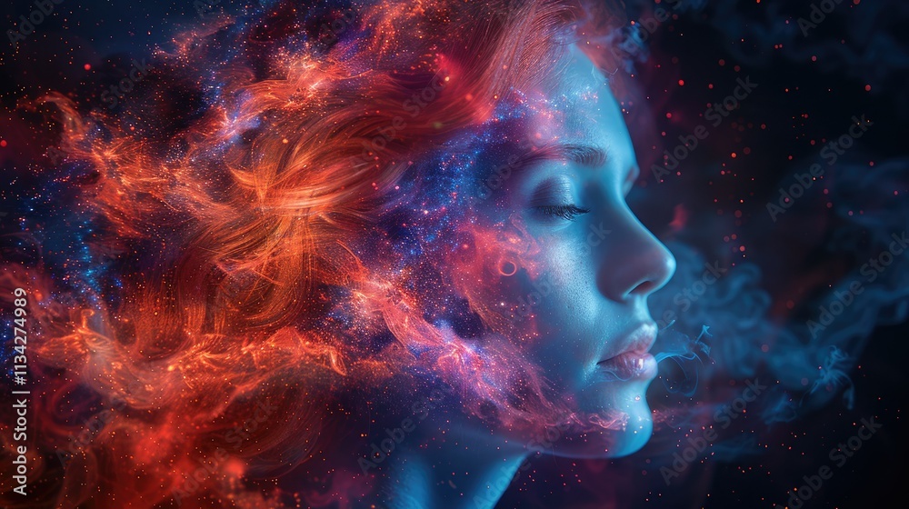 A serene profile of a woman surrounded by cosmic colors and ethereal smoke. A serene profile of a woman surrounded by cosmic colors and ethereal smoke.