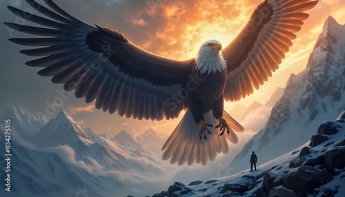 Giant eagle soars over snowy mountains at sunrise. Majestic bird with wide wings dominates snowy panorama. Person stands on snowy mountaintop gazing at bird. Powerful scene evokes feelings of