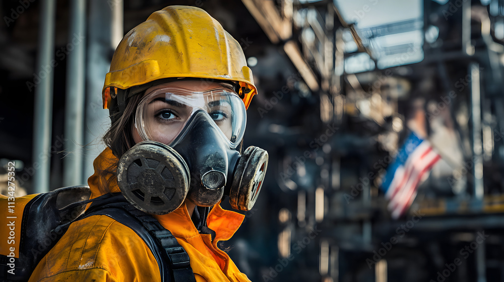 A woman adorned in a vibrant yellow helmet and protective gas mask stands confidently in a hazardous work environment. Her sturdy attire hints at the dangerous nature of her surroundings A woman adorned in a vibrant yellow helmet and protective gas mask stands confidently in a hazardous work environment. Her sturdy attire hints at the dangerous nature of her surroundings