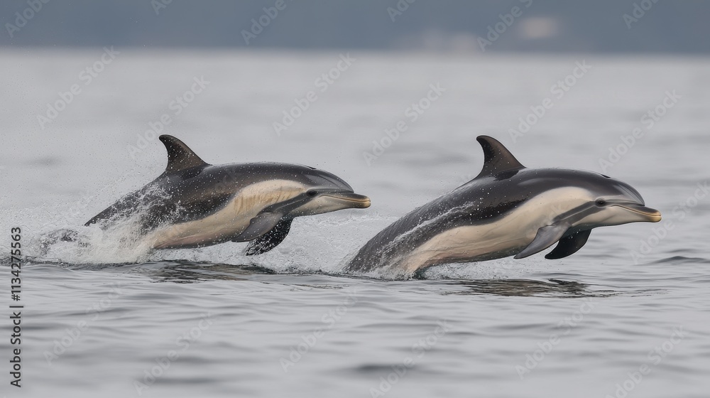 Fototapeta premium Two dolphins leaping gracefully above the water's surface.