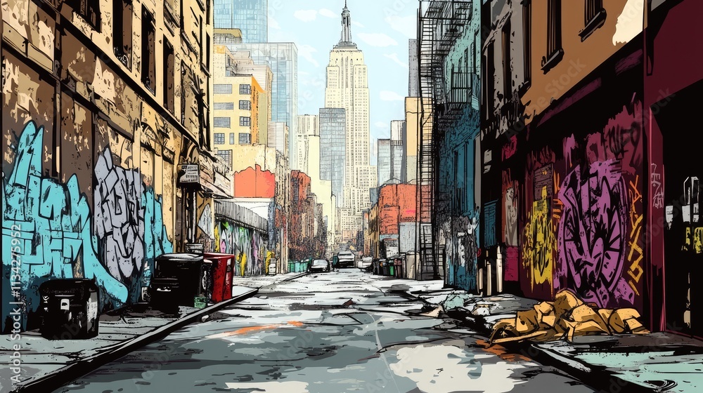 Fototapeta premium Vector illustration of a street in New York City, USA. Street art and graffiti.