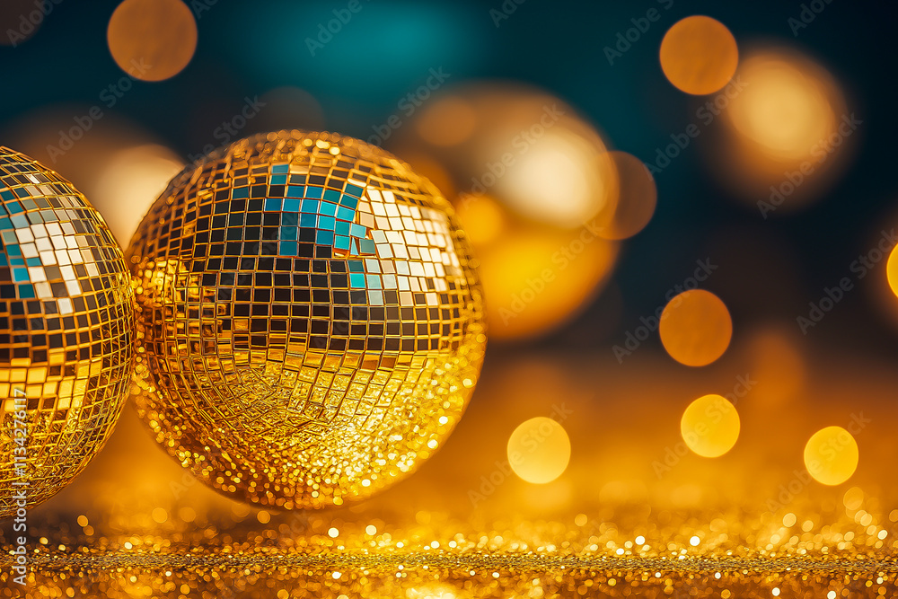 Obraz premium A background with a disco ball and blurred festive lights. Design of a postcard, banner, website