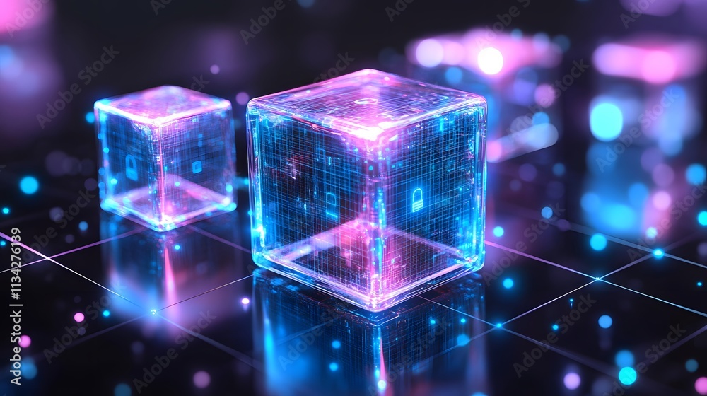 Glowing cubes with digital data and security lock symbols on dark background. Glowing cubes with digital data and security lock symbols on dark background.