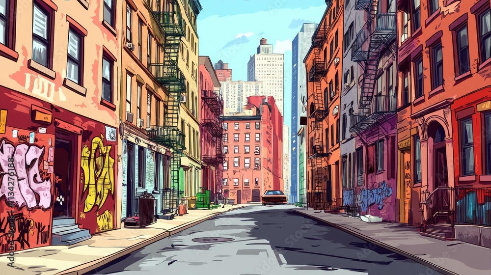 Fototapeta premium Vector illustration of a street in New York City, USA. Street art and graffiti.