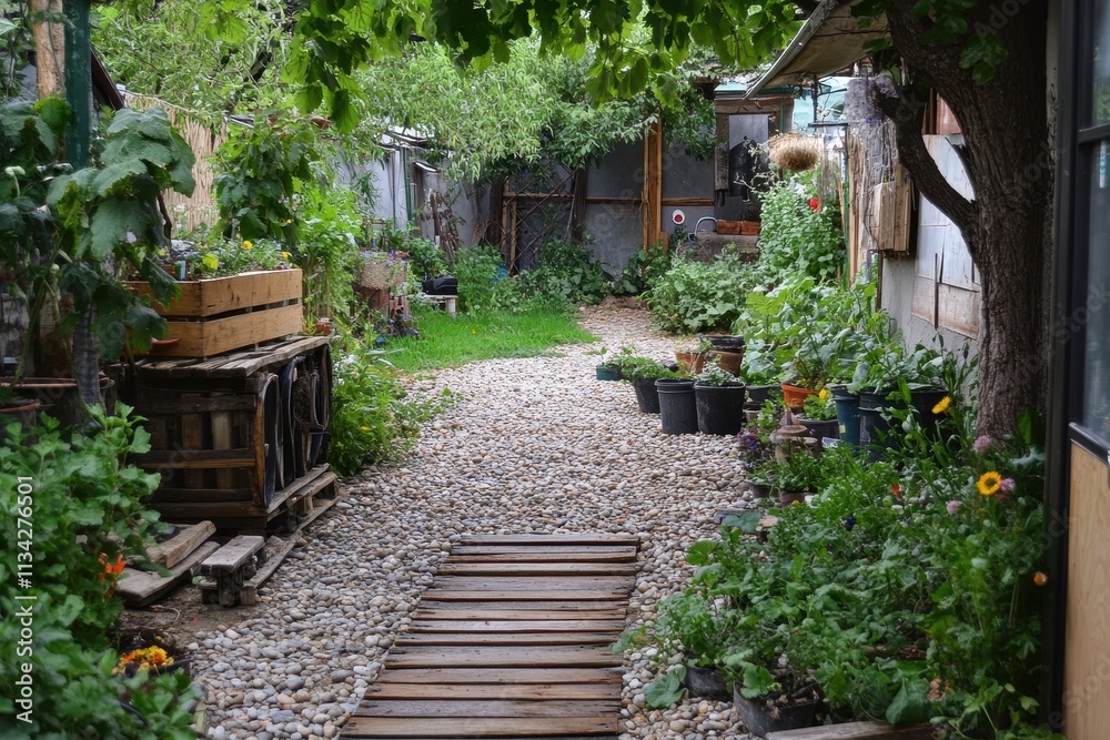 Charming garden path with wooden planks laid on gravel. Perfect for blogs, articles, or websites about gardening, nature, or peaceful spaces. Charming garden path with wooden planks laid on gravel. Perfect for blogs, articles, or websites about gardening, nature, or peaceful spaces.