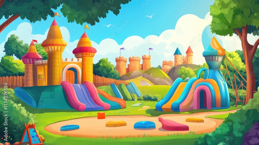 Vector illustration of inflatable castles and children hills on playground Vector illustration of inflatable castles and children hills on playground