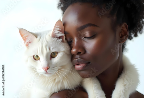 serene portrait of woman with white cat, showcasing natural beauty and connection. soft lighting highlights their features and creates warm atmosphere