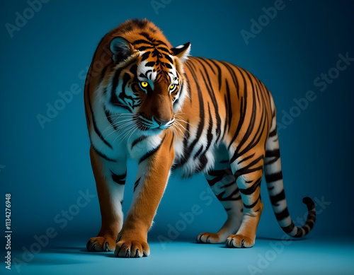 Majestic tiger with striking orange and black stripes, showcasing its powerful physique against blue background. animal exudes strength and grace in its natural pose