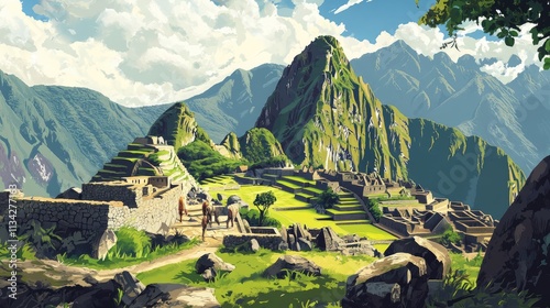 vector poster showcasing the awe inspiring Machu Picchu in Peru, featuring the ancient ruins, lush landscapes, and elements of Incan culture