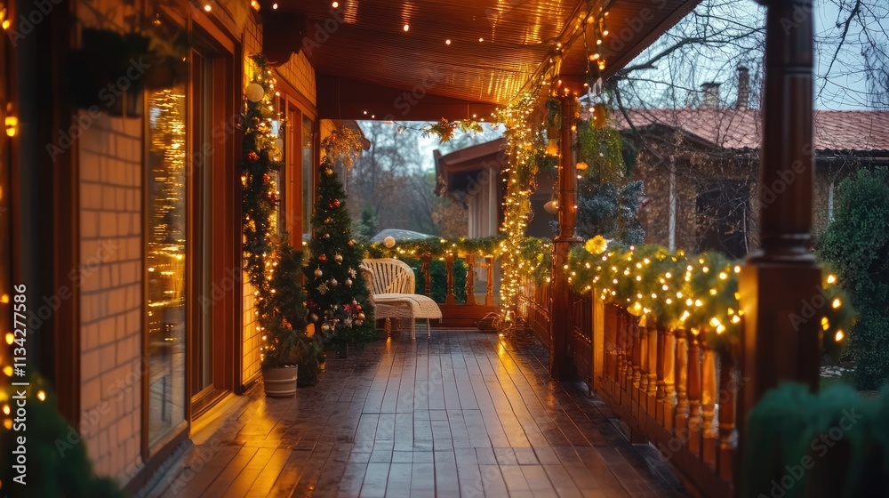 Fototapeta premium veranda of house is decorated with bright garland