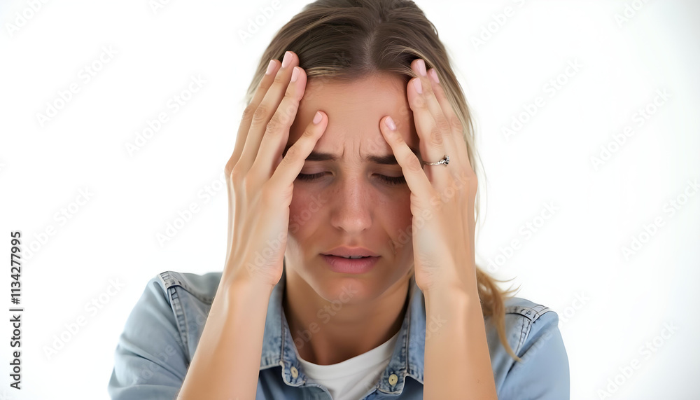 woman experiencing stress, holding her head in pain, with worried expression. background is neutral, emphasizing her emotional state woman experiencing stress, holding her head in pain, with worried expression. background is neutral, emphasizing her emotional state