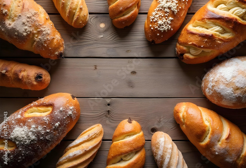 Freshly baked bread arranged on wooden table, showcasing various shapes and textures. warm colors and rustic setting evoke sense of comfort and homeliness photo