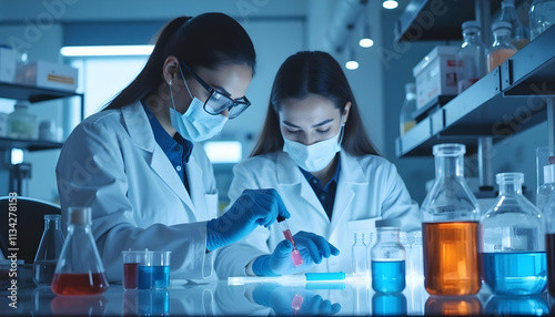 Laboratory scientists conducting experiments with colorful liquids in glassware. atmosphere is focused and professional, showcasing teamwork in scientific environment