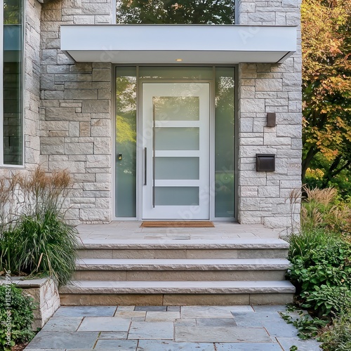 Sleek frosted glass door, with soft stone steps and minimalist landscaping surrounding it.