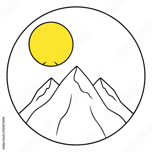 A big round yellow moon with a high mountain peak  ,White Background