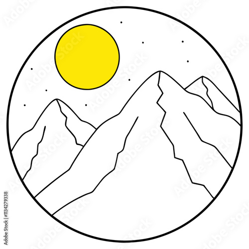A big round yellow moon with a high mountain peak  ,White Background