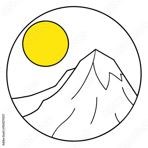A big round yellow moon with a high mountain peak  ,White Background