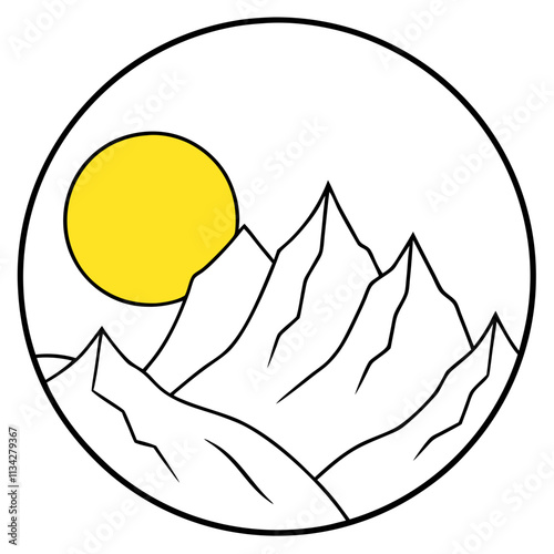 A big round yellow moon with a high mountain peak  ,White Background