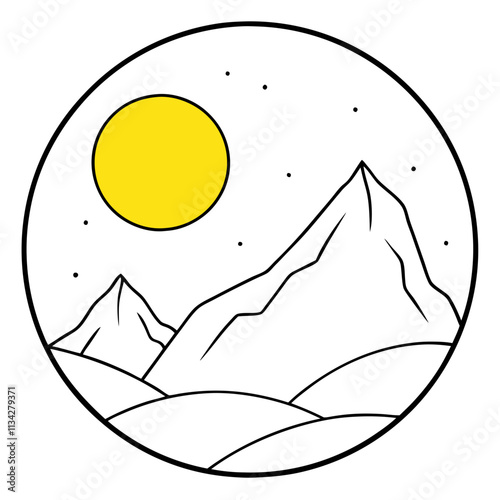 A big round yellow moon with a high mountain peak  ,White Background