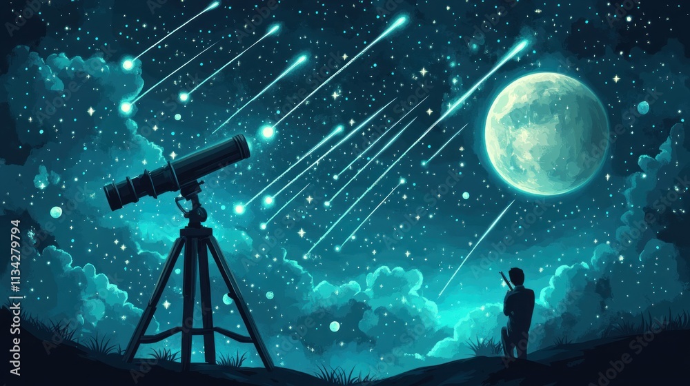 Person stargazing with telescope under meteor shower and full moon. Person stargazing with telescope under meteor shower and full moon.