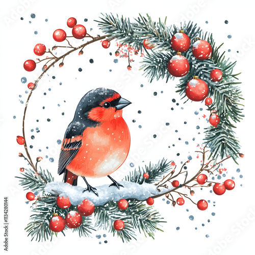 Winter frame illustration with bullfinch bird and christmas decorations on white background  photo