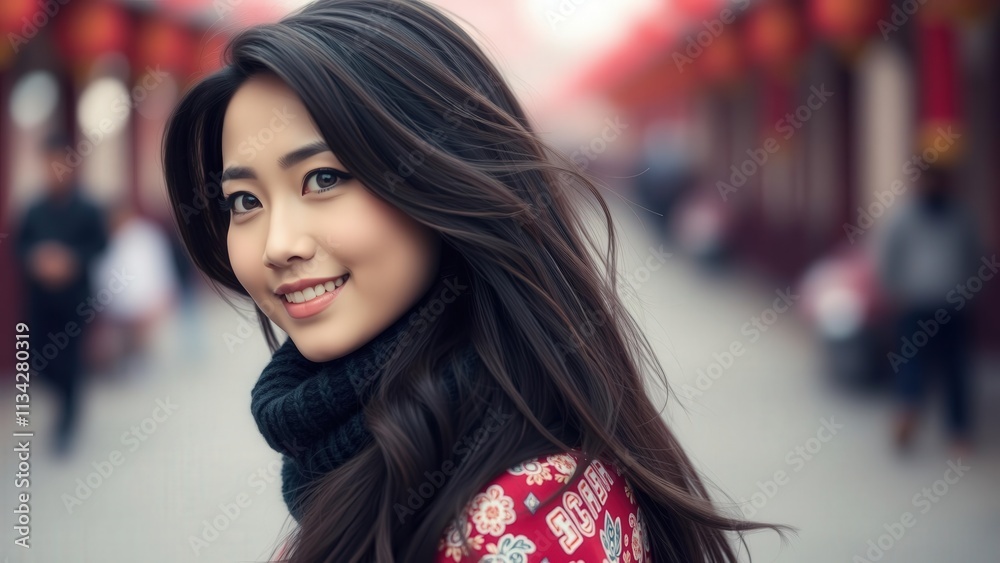 Beautiful Asian Woman Smiling in Vibrant Red Outfit on Busy Street, Perfect for Cultural or Fashion Photography Beautiful Asian Woman Smiling in Vibrant Red Outfit on Busy Street, Perfect for Cultural or Fashion Photography