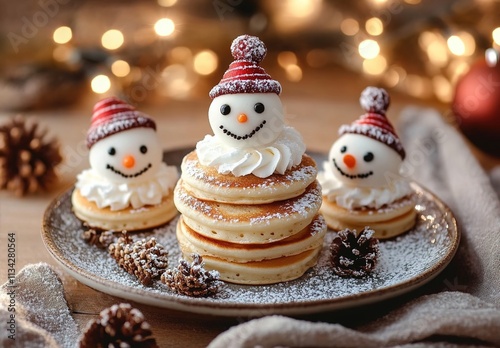 Christmas snowman pancakes, food photography: three small snowman-shaped pancakes stacked on top of each other photo