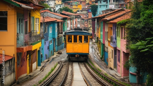 Vibrant Cityscape with Traditional Houses and Modern Train Desktop Wallpaper