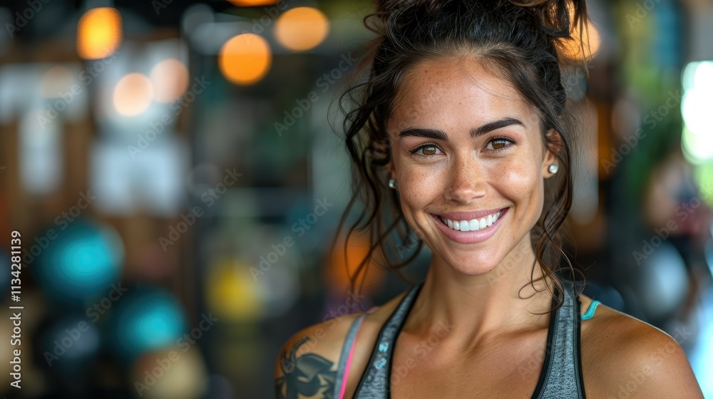 Obraz premium A smiling woman in a gym setting, showcasing fitness and positivity.
