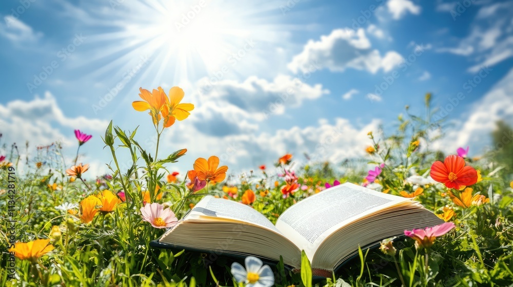 Vibrant flowers bloom in a sunlit meadow under a blue sky. with an open book on the theme of education and reading