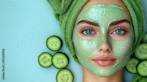 A woman applies a green facial mask, surrounded by cucumber slices, promoting relaxation and skincare. photo