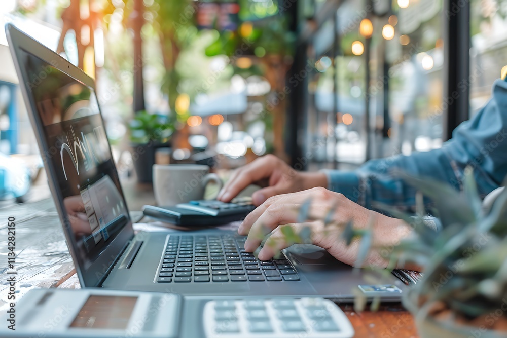 Businessman using laptop in coffee shop on blurred background Businessman using laptop in coffee shop on blurred background
