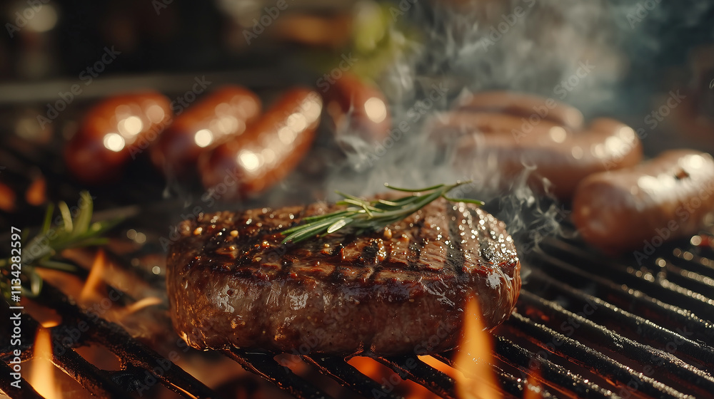 Sizzling Steak and Sausages on the Grill Sizzling Steak and Sausages on the Grill