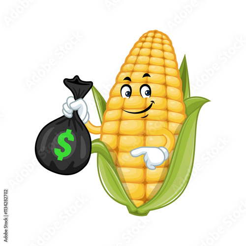 Corn Cartoon Character Holding Money Bag.