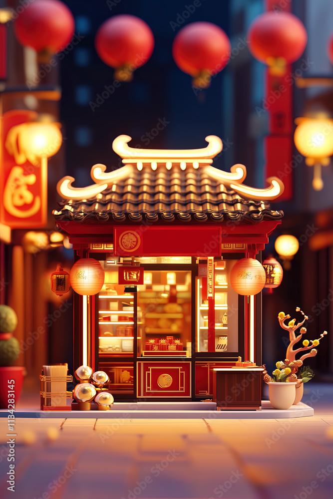 Ancient Chinese store in a business street, Chinese new year background Ancient Chinese store in a business street, Chinese new year background