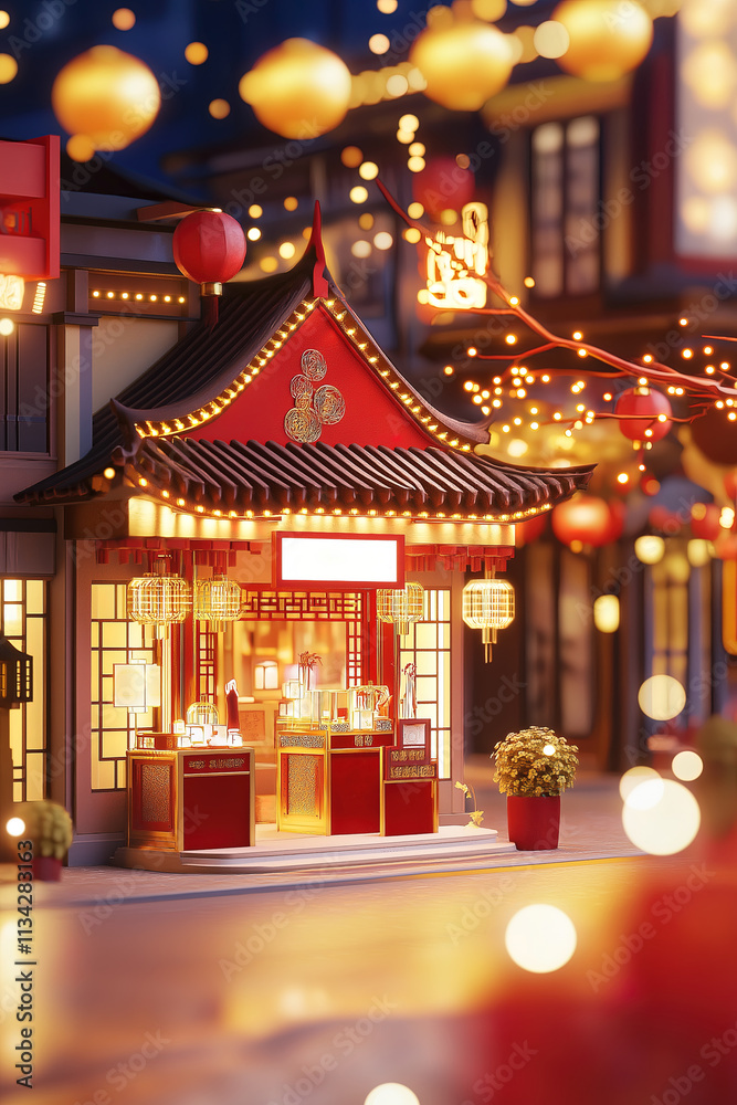 Ancient Chinese store in a business street, Chinese new year background Ancient Chinese store in a business street, Chinese new year background