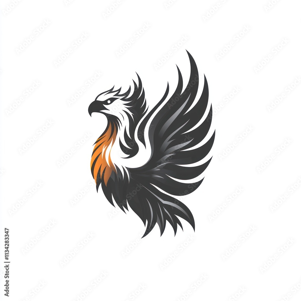 Obraz premium Stylized eagle design with spread wings, black, orange, and white.