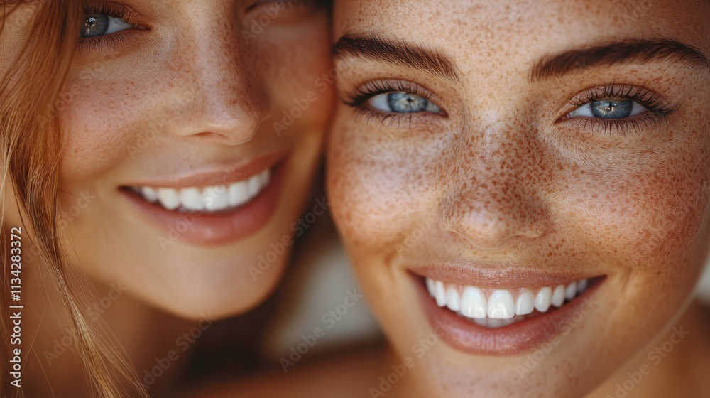 Two smiling women with freckles and blue eyes, showcasing joy and friendship. Two smiling women with freckles and blue eyes, showcasing joy and friendship.