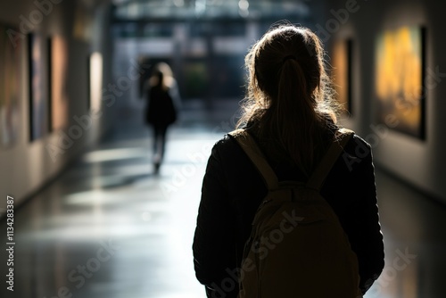 Une silhouette d'homme de dos qui marche sur une route seul avec des nuages sombre - generative AI. Beautiful simple AI generated image photo